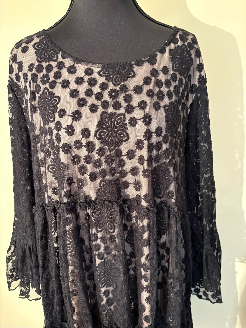 #Black Floral Lace Dress-Long Sleeve Tiered #FairyGoth #Sophisticated #Mystical - Picture 7 of 15